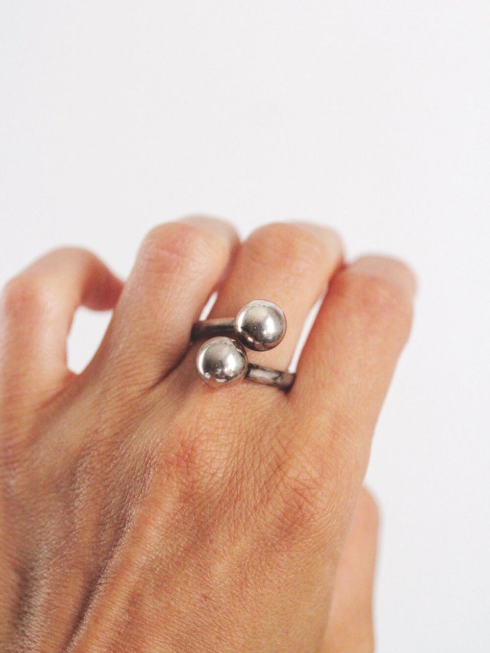 Vintage Sterling Silver Double Ball Bypass Ring Modernist Israel 925 Size 8.5 M
